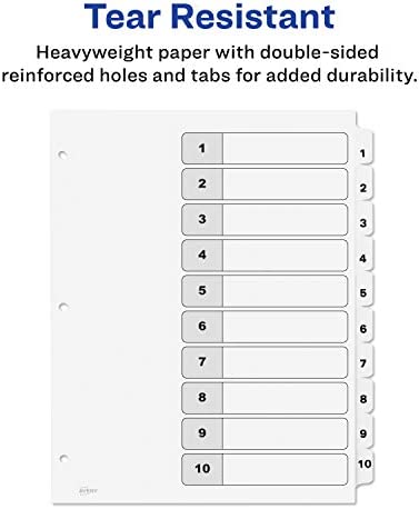 Avery 10-Tab Dividers for 3-ring Binders, Customizable Table of Contents, Classic White Tabs, 1 Set (11077)