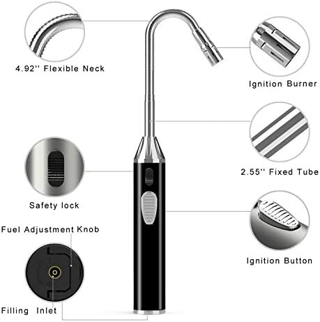 Butane Lighter Long Lighter Refillable Lighter for Grill BBQ Gas Fireplace Fire, Black(Butane Not Included)