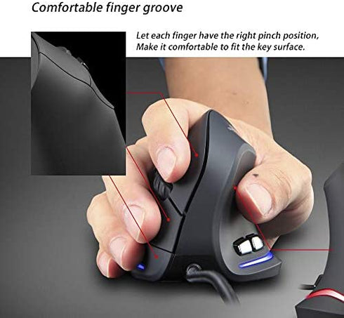ZLOT Wired Vertical Mouse,Ergonomic Design USB LED Optical Mouse with 6 Buttons and 4 Adjustable Sensitivity 1200/1600/2400/3200 DPI for Office, Gaming, PC, Computer,Laptop,Desktop,Black …