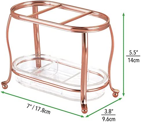 mDesign Decorative Makeup Brush Storage Organizer Tray Stand for Bathroom Vanity Counter Tops, Dressing Tables, Cosmetic Stations - 3 Sections with Removable Bottom Tray - Rose Gold/Clear