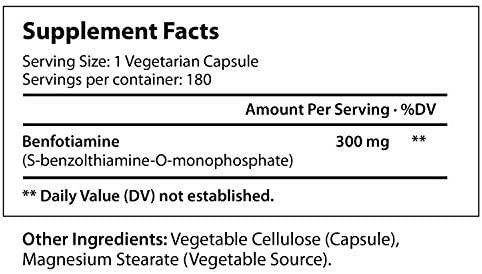 Benfotiamine 300mg 180 Vegetarian Capsules | Fat-Soluble Vitamin B1 Thiamine Powder Supplement | Promotes Healhty Circulation | Supports Nervous System | Mega Benfo Thiamin Complex