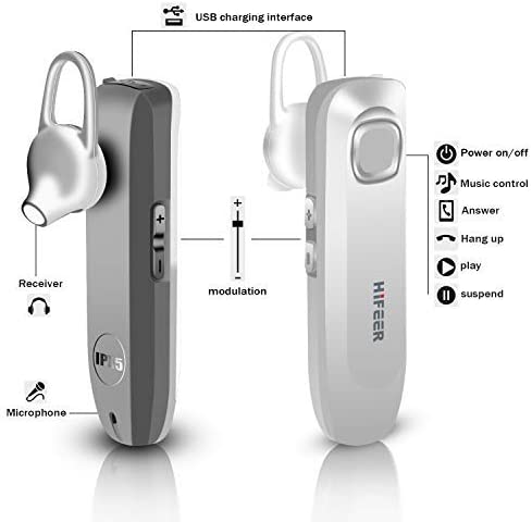 Bluetooth Headset for Cell Phones, V5.0 Wireless Bluetooth Earpiece for iPhone, Android, Samsung, Waterproof 16 Hrs Talking Hands Free Earphone with Noise Cancelling Mic for Outdoor/Business (Silver)