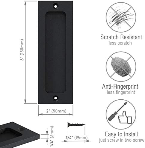 Tibres - 6" Finger Flush Pulls for Closet Pocket - Sliding Barn Door Handle Set - Pull Recessed Handle Rectangular Plate - Farmhouse Rustic Style - Matte Black - 2 Pack