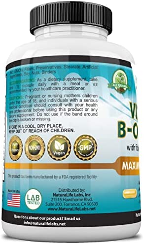 Vitamin B Complex with Vitamin C and Folic Acid - B12, B1, B2, B3, Vitamin B5 Pantothenic Acid, B6, B7, B9 - Nervous System Support & Supports Energy Metabolism Non-GMO- 100 Veggie Capsules