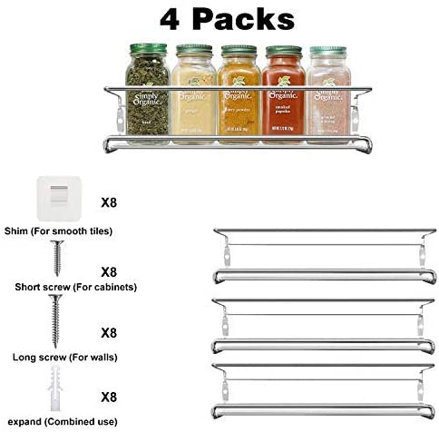 Urban Deco Wall Mounted Spice Rack for wall Space Saving Cabinet Spice Organizer For kitchen, Pantry Spice Jar Organizer Hanging Steel Spice Storage (Silver-4pcs)