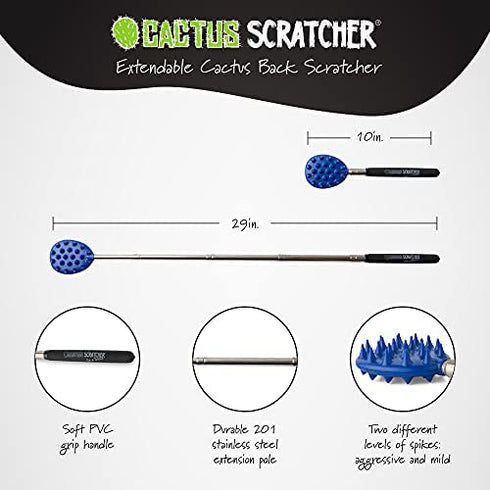 XL Big Stick Extendable Cactus Back Scratcher, Sturdy, Sharp, Satisfying, Ultimate Scratch Relief for Itching on Back, Neck, Head, Beard, and Body, Dual Sided with Aggressive and Medium Spikes (Blue)