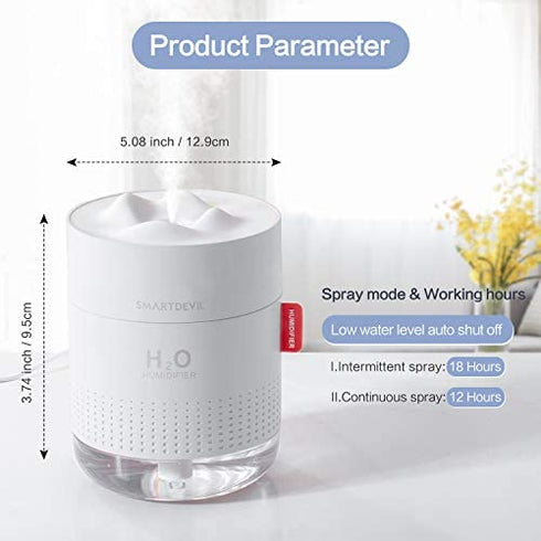 SmartDevil Small Humidifiers, 500ml Desk Humidifiers, Whisper-Quiet Operation, Night Light Function, Two Spray Modes,Auto Shut-Off for Bedroom, Babies Room, Office, Home (White)