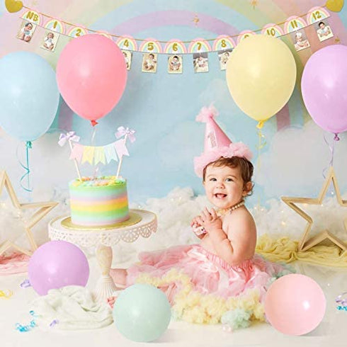 Rainbow Photo Banners kit, Pastel Rainbow 12 Months First Birthday Garland Unicorn Balloons Arch For Baby Girls 1st Birthday Party Decorations