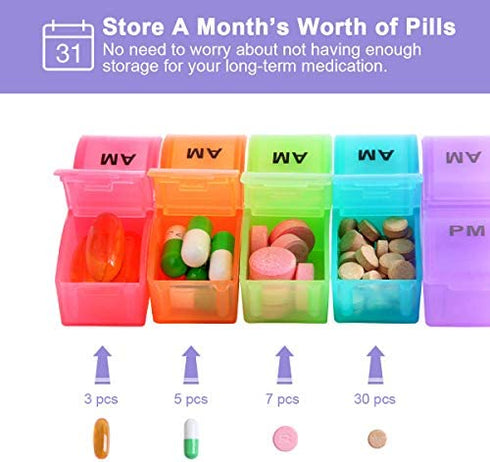 XINHOME Monthly Pill Organizer Box - 31 Day AM/PM Daily Pill Case 32 Compartments for Each Day, Pill Dispenser Container to Hold Vitamins, Supplements and Medication - Includes Gray Plush Pouch