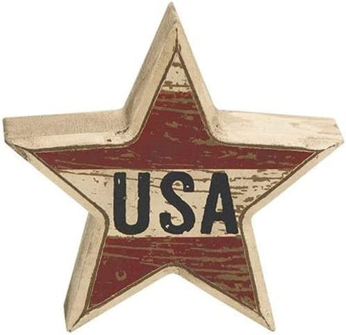 HAPPY DEALS ~ Set of 3 | Wooden Distressed Patriotic Star Sitter Blocks Tabletop Decor - USA, America and God Bless - 3 pc Set - 4 inch