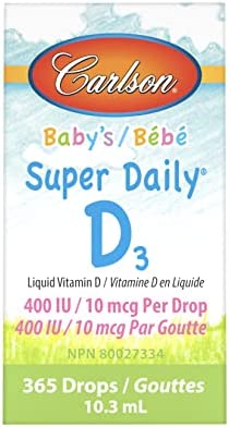Carlson - Baby's Super Daily D3, Baby Vitamin D Drops, 400 IU (10 mcg) per Drop, 1-Year Supply, Vegetarian, Liquid Vitamin D Drops for Infants and Toddlers, Unflavored, 365 Drops
