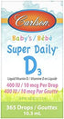Carlson - Baby's Super Daily D3, Baby Vitamin D Drops, 400 IU (10 mcg) per Drop, 1-Year Supply, Vegetarian, Liquid Vitamin D Drops for Infants and Toddlers, Unflavored, 365 Drops