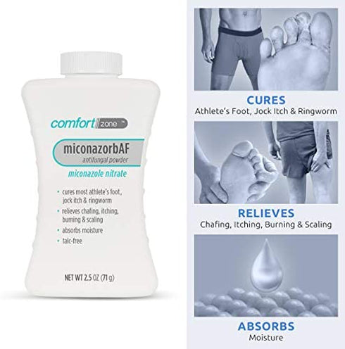 Comfort Zone Miconazorb Antifungal Powder, Talc-Free, Miconazole Nitrate 2%, For Treatment Of Athlete's Foot, Jock Itch And Ringworm, 2.5oz (71g) (3 Pack)
