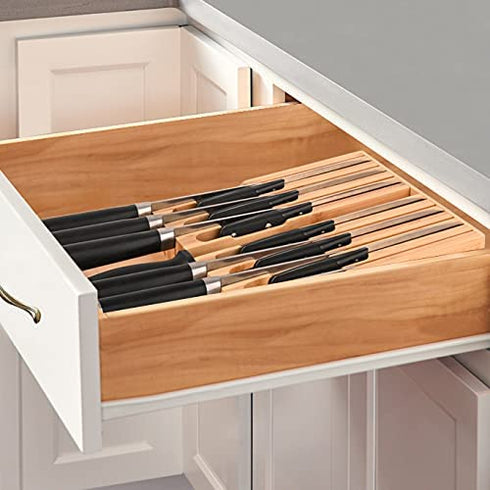 In-Drawer Bamboo knife block, Drawer Knife Set Storage, Knife Organizer and Holder with Safety Slots for Knives and 1 Sharpening Steel -Kitchen Drawer, Counter Top (12 Holder)