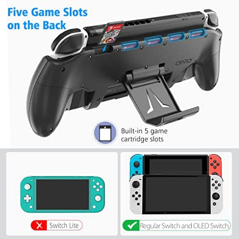 Switch Grip with Upgraded Adjustable Stand, Compatible with Nintendo Switch & OLED, OIVO Asymmetrical Grip with Adjustable Stand and 5 Game Slots-4 Thumb Caps Included