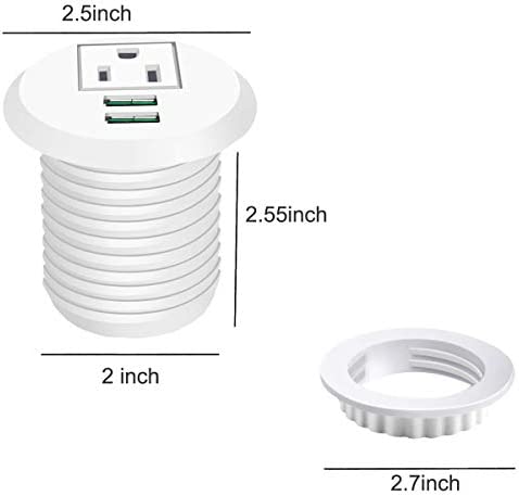 Desktop Power Grommet,Desk Grommet Outlet 2 inch Hole,Power Grommet with USB, Easy Access to 1 Power Source Along with 2 USB Power Port Connections(White)