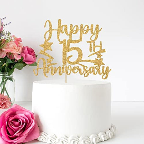Gold Glitter Happy 15th Anniversary Cake Topper for Wedding Anniversary/Anniversary Party/Happy Birthday Party Decorations