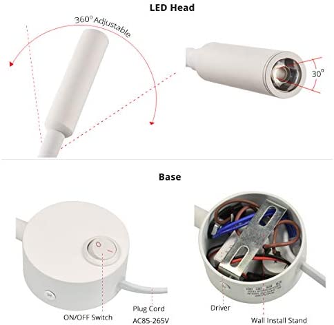 LEDSONLINE White Reading Lamps LED Wall Mounted Study Reading Light for Bed Headboard Gooseneck US Plug Corded-Electric Sconce Lamp Spot LED AC85-265V ( 6000K White)