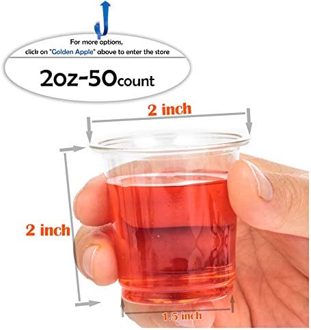 Golden Apple, 2oz clear plastic cups. Disposable Mini Cups, Plastic Shot Glasses, Jello Shot Party Tumblers – 50count. BPA Free.