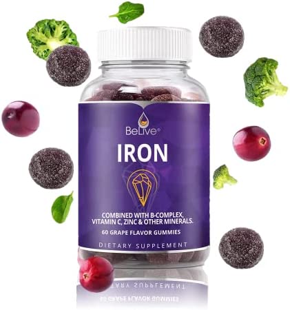 BeLive Iron Gummies - 60 Ct I Multivitamin Iron Supplement with Vitamin C, A, B & Zinc, Supports Blood Oxygen, Vegan Iron Supplements for Women, Men & Kids for Growth and Development - Grape Flavor