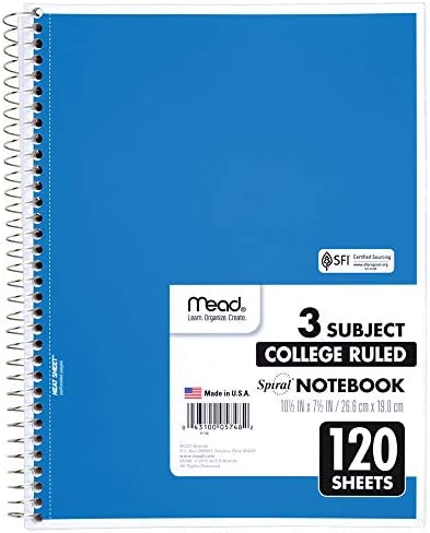 Mead Spiral Notebook, 3 Subject, College Ruled Paper(05748), 120 Sheets, 10-1/2" x 8", Assorted Color - 1 Count