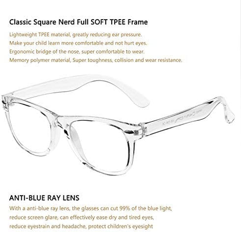 DeBuff Kids Blue Light Blocking Glasses Boys Girls Nerd Blue Light Blockers Age 3-12 (Clear)