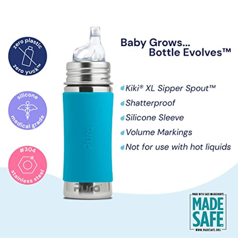 Pura Kiki 11oz/325ml Stainless Steel Sippy Cup Bottle w/ Sleeve, Plastic-Free, MadeSafe Certified, Medical-Grade XL Silicone Sipper Spout Fast Flow Rate for Kids, Toddlers, Babies & Infant - Slate