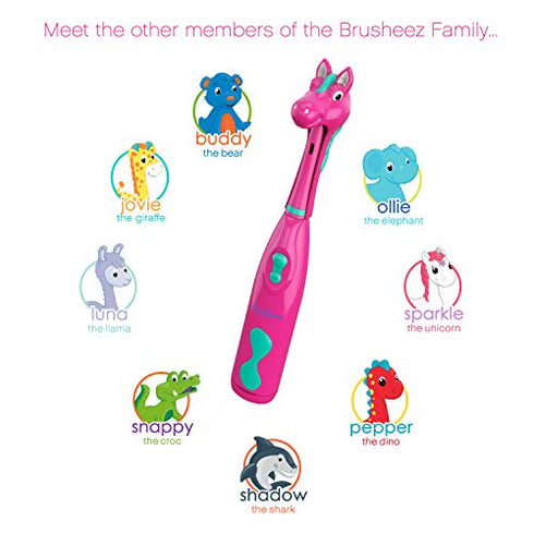 Brusheez® Kid's Electric Toothbrush Set - Soft Bristles, Easy-Press Power Button, Battery Operated, 2 Brush Heads, Animal Cover, Sand Timer, Rinse Cup and Storage Base - Ages 3+ (Prancy the Pony)