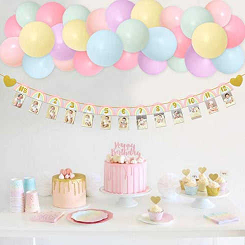 Rainbow Photo Banners kit, Pastel Rainbow 12 Months First Birthday Garland Unicorn Balloons Arch For Baby Girls 1st Birthday Party Decorations