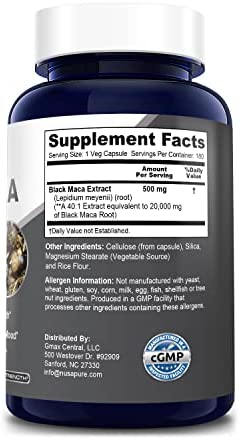 Black Maca Root 20,000 mg 180 Veggie Capsules (Vegan, Non-GMO, Gluten-Free) Max Strength,40:1 Extract