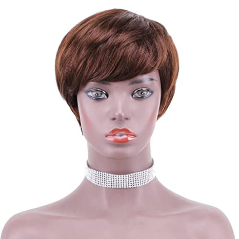 REYNA Short Straight Brown 100% Virgin Brazlian Bob Pixie Cut Wavy Non Lace Human Hair Wig with Bangs for Black Women(4#)