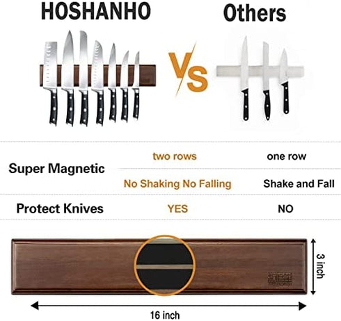 Magnetic Knife Holder for Wall 16 Inch, HOSHANHO Powerful Magnetic Knife Strip, Acacia Wood Magnet Knife Rack for Kitchen Knives & Tools