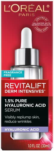 L’Oreal Paris 1.5% Pure Hyaluronic Acid Serum for Face with Vitamin C from Revitalift Derm Intensives for Dewy Looking Skin, Hydrate, Moisturize, Plump Skin, Reduce Wrinkles, Anti Aging Serum, 1 Oz
