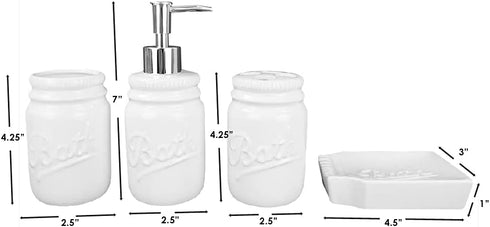 Home Basics Rustic Mason Jar 4 Piece Décor Bathroom Accessories Set, includes Lotion Pump Dispenser, Toothbrush Holder, Cup Tumbler, and Soap Dish , White