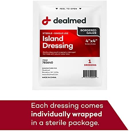 Dealmed Sterile Bordered Gauze Island Dressings – 25 Count, 4" x 4" Gauze Pads, Disposable, Latex-Free, Adhesive Borders with Non-Stick Pads, Wound Dressing for First Aid Kit and Medical Facilities