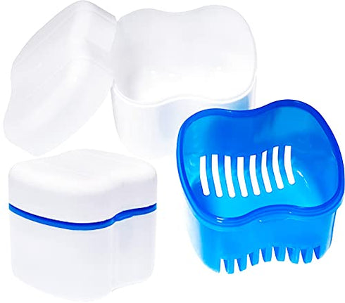 Denture Case,Denture Cups Bath, Toothbrush with hard denture, Dentures Container with Basket Denture Holder for Travel,Mouth Guard Night Gum Retainer Container (Blue)