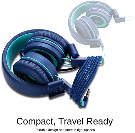Kids Headphones - noot products K11 Foldable Stereo Tangle-Free 3.5mm Jack Wired Cord On-Ear Headset for Children/Teens/Boys/Girls/Smartphones/School/Kindle/Airplane Travel/Plane/Tablet (Navy/Teal)