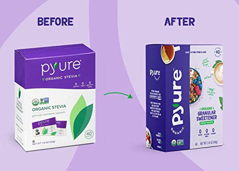 Pyure Organic Stevia Packets | Granulated Sugar Packets - White Sugar Substitute | Zero Carb, Zero Sugar, Zero Calorie Sweetener Packets | Plant-Based Stevia Packets for Keto Coffee | 40 Count