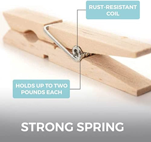 Home Genie Large Wooden Clothespins, 2.9", 50 Pack Natural Birchwood, Rust and Moisture Resistant Clothes Pegs, Durable Wood Clothing Pins, Strong Grip, Laundry Clothesline, Bag Clips, Crafts, Photos
