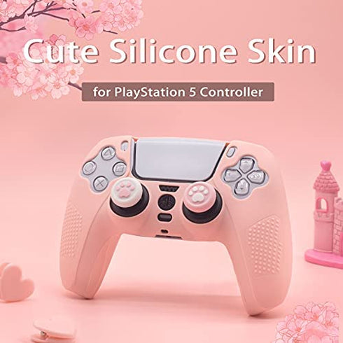 BRHE PS5 Controller Skin Grip Cover Anti-Slip Silicone Protector Rubber Case Cute Kawaii Accessories Set Gamepad Joystick Shell with 2 Thumb Grip Caps (Full Covered, Pink)