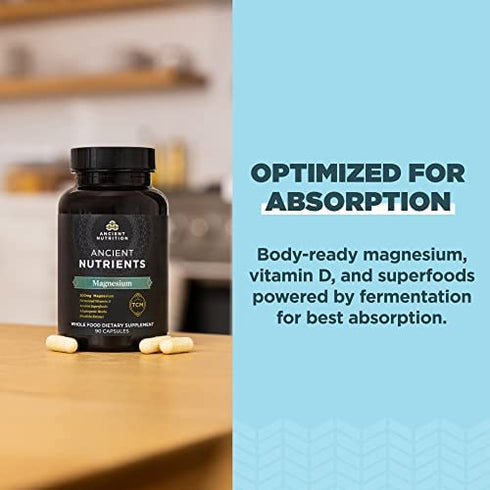 Magnesium Supplement by Ancient Nutrition, Magnesium 300mg with Vitamin D for Immune Support, Adaptogenic Herbs, Enzyme Activated, Paleo & Keto Friendly, 90 Capsules