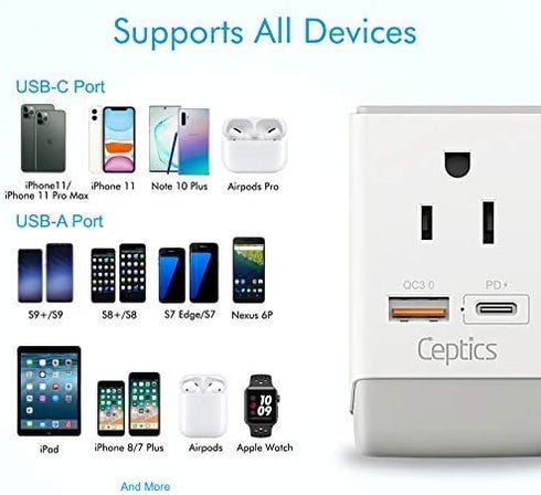 Ceptics Israel Power Adapter, QC 3.0 & PD, Safe Dual USB & USB-C - 2 USA Socket Compact & Powerful - Use in Jerusalem, Holy Land, Palestine, Gaza Strip - Type I AP-14- Fast Charging