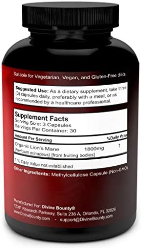 Organic Lions Mane Mushroom Capsules - 1800mg Strongest Lion's Mane Mushroom Supplement - Non-GMO Lions Mane Extract Powder - Nootropic Brain Supplement - Brain & Immune Support - 90 Vegetarian Caps