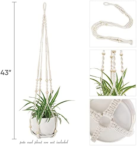 43 Inch Macrame Plant Hanger Indoor, Large Size No Tasselss Crochet Cotton Rope Hanging Planter Basket, Decorative Flower Pot Holder for Boho Home Decor (with 2 Hooks)