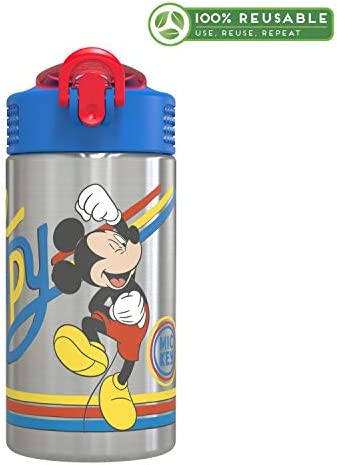 Zak Designs Disney 18/8 Single Wall Stainless Steel Kids Water Bottle with Flip-up Straw Spout and Locking Spout Cover, Durable Cup Stays Clean for Sports or Travel (15.5oz, Non-BPA, Mickey Mouse)
