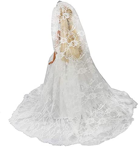 BARWA White Wedding Dress with Long Veil Evening Party Princess White Lace Gown Dress for 11.5 Inch Girl Doll