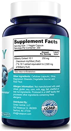 Bilberry Extract 2500mg 200 Vegetarian caps (Non-GMO & Gluten Free)