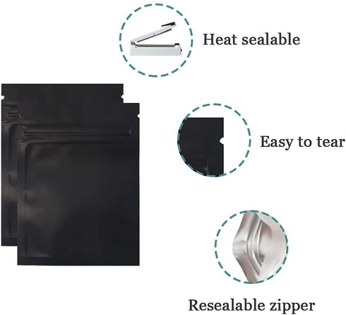 100 Pcs Mylar Zipper Lock Bag Food Storage Aluminum Foil Airtight Bags Front Clear Plastic Candy Packaging Pouch for Zip Flat Heat Seal Lock Resealable (10x15cm (3.9x5.9 inch), Matte Black)