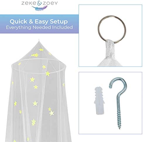 Zeke and Zoey Kids Hanging Bed Canopy for Girls Bed or Boys with Glow in The Dark Stars, The Bed Netting Stars Will Light up Your Child’s own Galaxy. Ideal Bedroom Decorative Tent