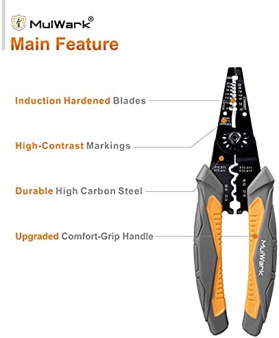 MulWark 8" Heavy Duty Multi-Purpose Electrical Wire Stripping Tool (22 AWG - 8 AWG) Strippers, Snips, Crimpers & Pliers Insulated with Cutter, Best Tool For Professional Electrician - Upgraded